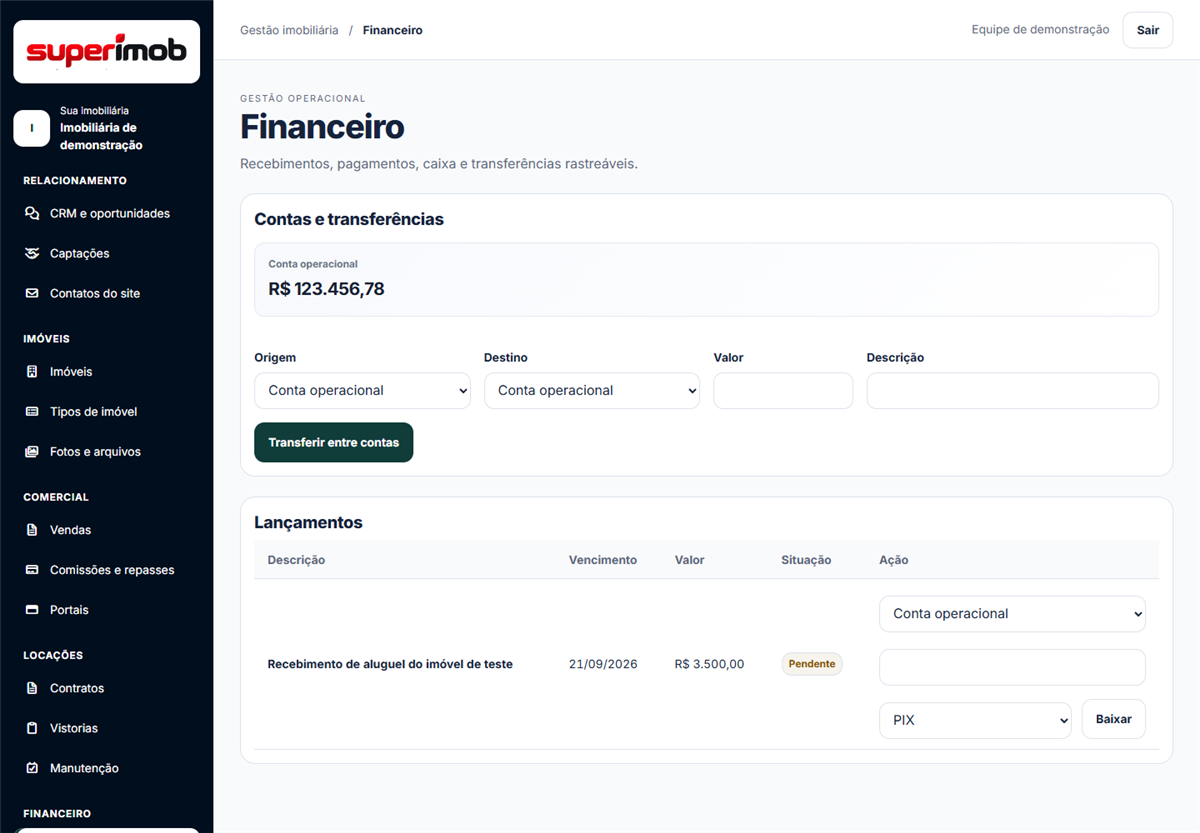 Tela real do módulo financeiro do Superimob